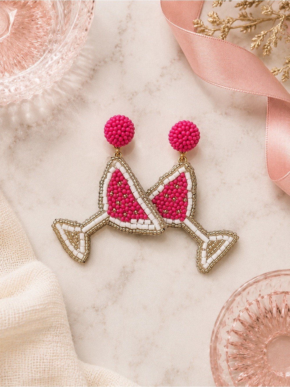 NEW J. Crew Martini Glass Beaded Statement Earrings Pink Gold NWOT - Picture 4 of 7